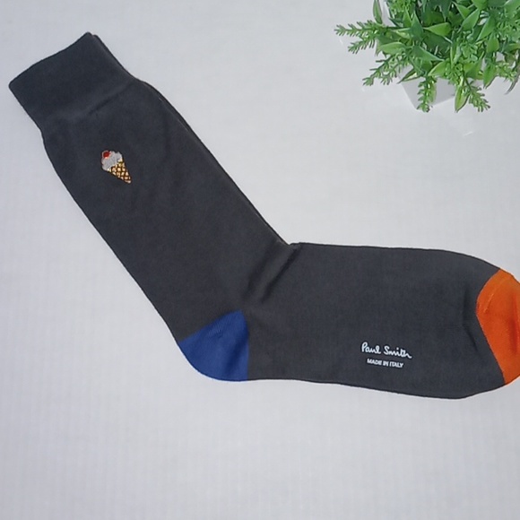 Paul Smith Embroidered Cotton Dress Socks. Mens. Charcoal Gray, Orange & Blue. - Picture 2 of 7